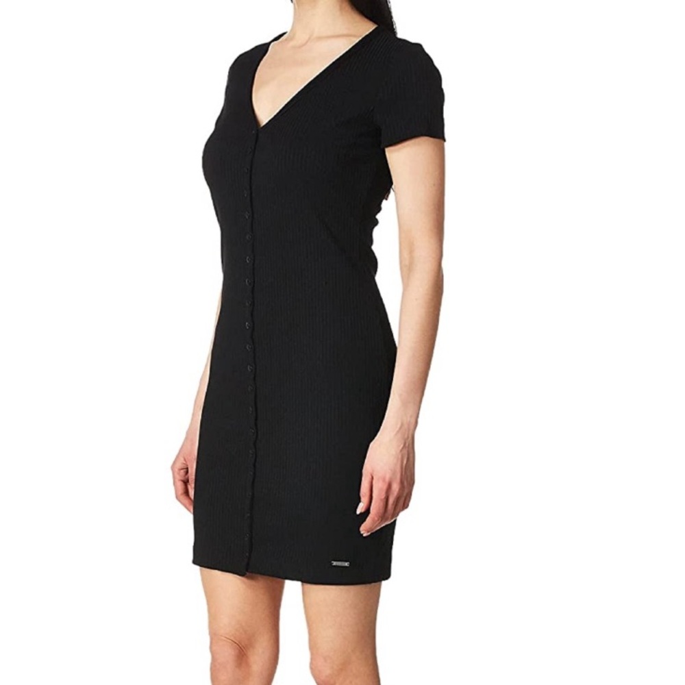 Guess Dress XS Black Ribbed Button Front Mini Bodycon Fitted Stretchy Y2K